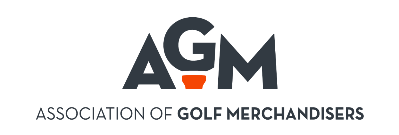 The primary logo for the Association of Golf Merchandisers (AGM). It features the large, bold letters "AGM" in dark charcoal gray, with an orange golf tee integrated into the base of the letter "G." Below the initials, the full organization name, "ASSOCIATION OF GOLF MERCHANDISERS," is written in a clean, matching charcoal sans-serif font against a white background.
