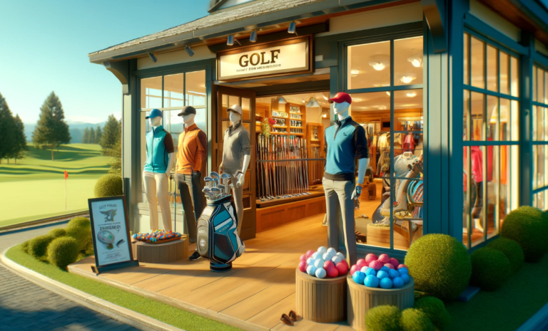 A vibrant, sunlit golf pro shop featuring large glass windows and an open doorway under a sign that reads "GOLF." Inside, mannequins display athletic golf apparel, while outdoor displays feature barrels filled with colorful golf balls and a professional golf bag stocked with clubs against a scenic green fairway background.
