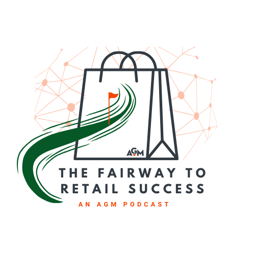 Logo for "The Fairway to Retail Success: An AGM Podcast." The design features a white shopping bag with a small AGM logo, overlaid with a green sweeping fairway graphic and a red golf flag. The background includes a faint orange geometric network pattern on a white field.