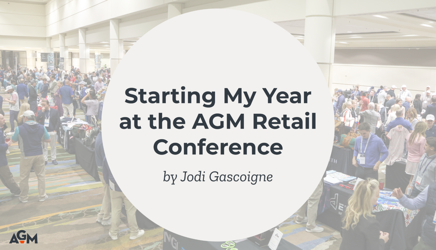 Graphic for a blog post titled "Starting My Year at the AGM Retail Conference" by Jodi Gascoigne. The background shows a large, bustling vendor floor at the AGM Retail Conference, with attendees browsing booths and networking. The title is overlaid in a large circular white text box with bold black font. The AGM logo is visible in the bottom-left corner.
