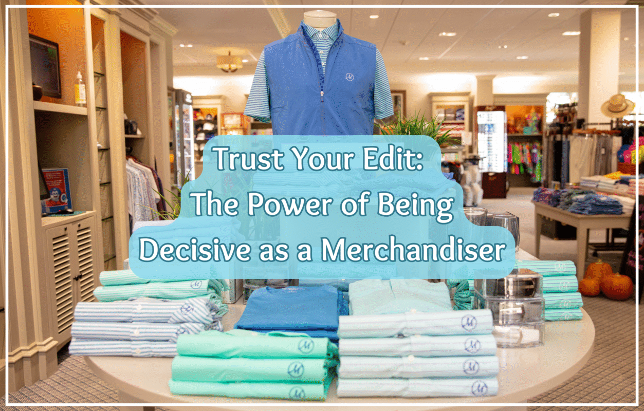 A graphic with the words 'The Ultimate Checklist for Rep Meetings' in white widely outlined in turquoise. The text is atop a men's folded shirt display photo from The Country Club at Mirasol in Palm Beach Gardens, FL.