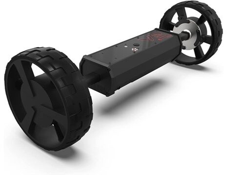 A black Alphard Golf Club Booster V2 hoverboard-style motorized unit designed to convert a manual golf push cart into an electric cart. It features two large rugged wheels, a central control box, and a durable frame, viewed from a low angle.