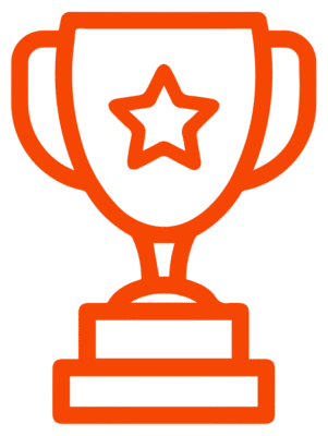 Orange outlined graphic of a trophy with a star icon on it