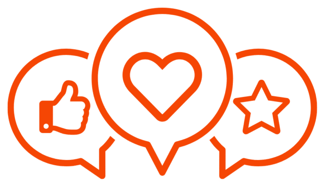 Orange outlined graphic of three social media icons: a thumbs up, heart, and star