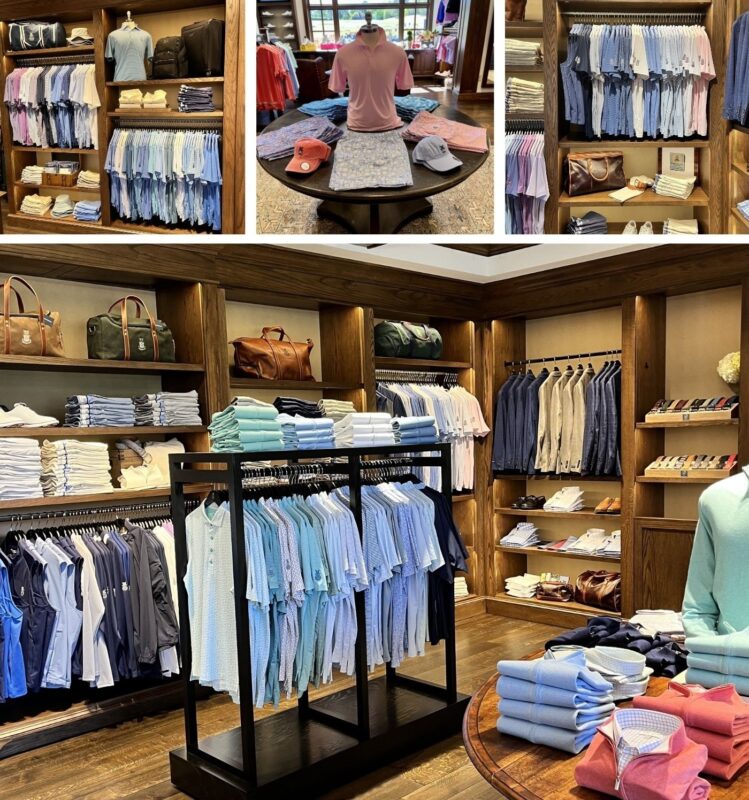 Collage of a newly merchandised golf shop interior featuring wooden shelving, neatly folded polos and sweaters, coordinated apparel displays in soft blue and pastel tones, leather duffel bags, accessories, and a central table presentation with hats and folded shirts.