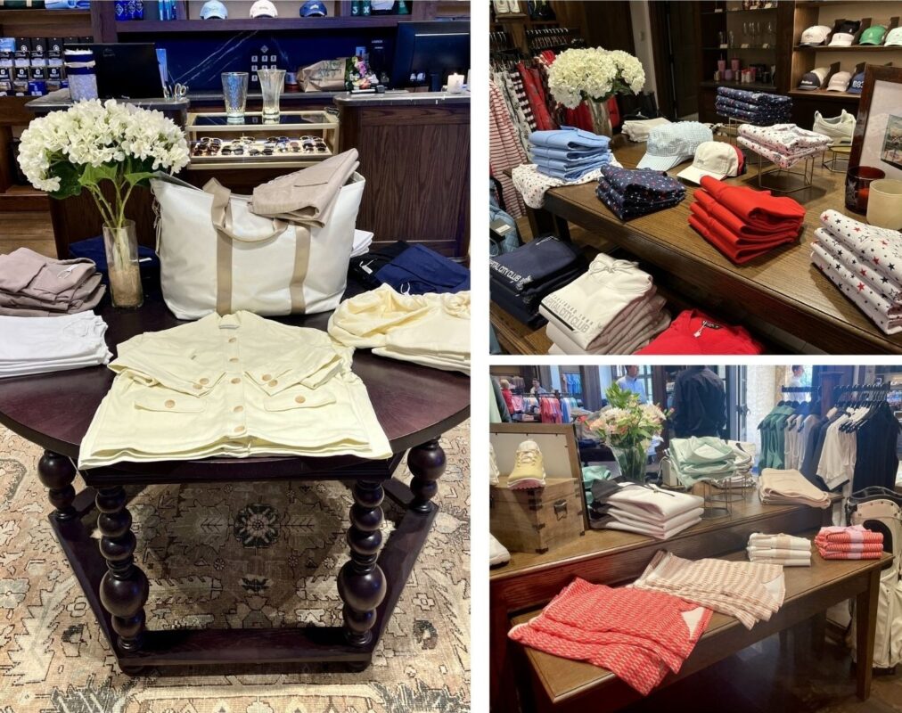 Collage of retail displays inside the newly renovated Capital City Club golf shop. The left image shows a round table with folded cream-colored jackets, neutral-toned pants, a white tote bag, and a vase of white flowers atop a patterned rug. The top right image features neatly folded patriotic-themed apparel in red, white, and blue, with star prints and hats. The bottom right image displays spring-themed apparel in soft greens, whites, and corals, accented by fresh flowers and a rustic wood table, with hanging garments in the background.
