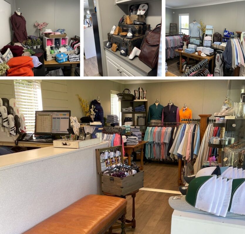 Collage of images showcasing a well-organized temporary pro shop space at Capital City Club. Displays include folded apparel, hanging shirts in various pastel and bold colors, cubed shelving with hats, a register area, and accessory setups with belts, socks, and leather goods. Items are neatly arranged on wooden tables and hangers, with touches of greenery and flowers adding to the boutique-style presentation. Text at the top reads, “Merchandising The Temporary Space.”
