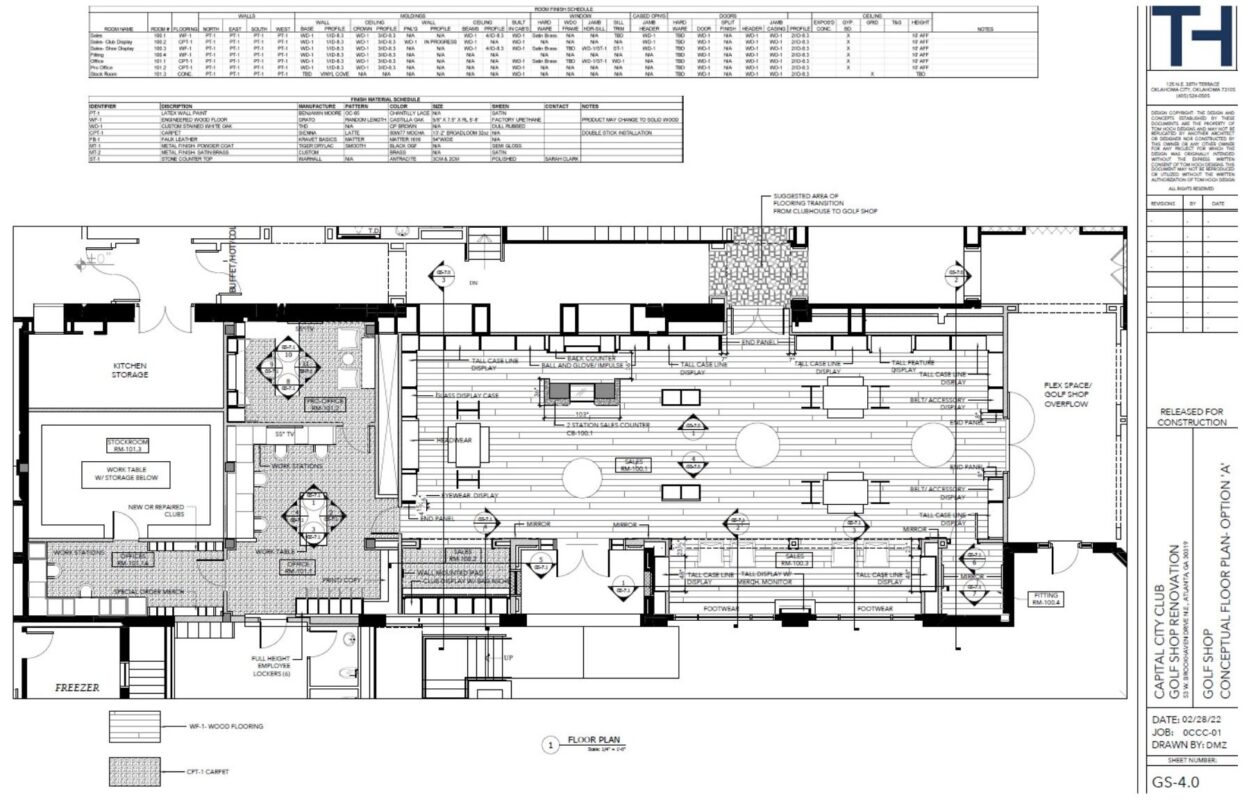 Architectural floor plan drawing of the golf shop renovation at Capital City Club, detailing layout elements such as sales counters, display fixtures, fitting room, storage areas, offices, footwear section, and adjacent spaces, with labeled materials and construction notes.