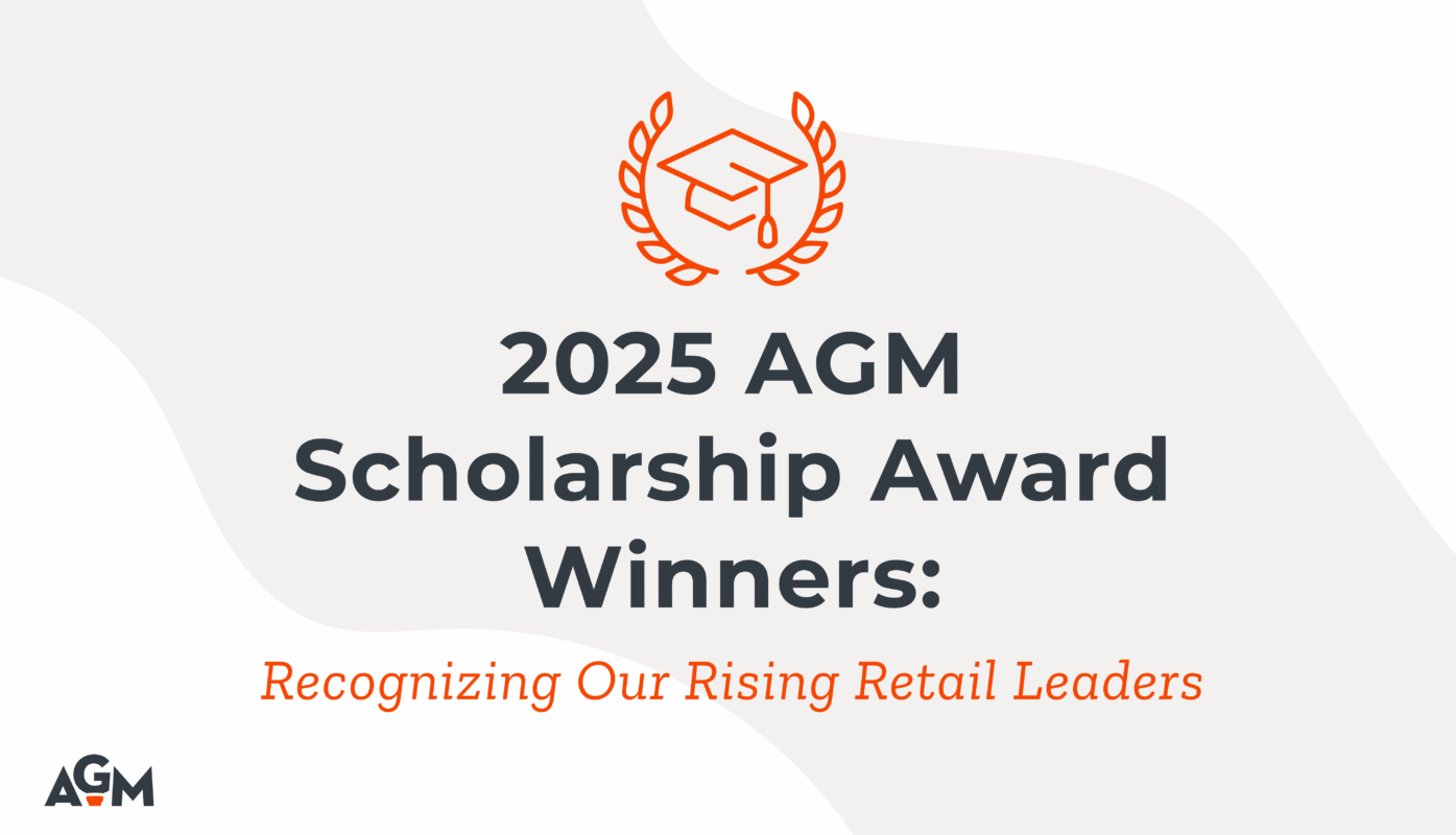 Graphic with a graduation cap icon and laurel in orange above bold text that reads "2025 AGM Scholarship Award Winners: Recognizing Our Rising Retail Leaders" on a light background with abstract wave design. AGM logo appears in the bottom left corner.