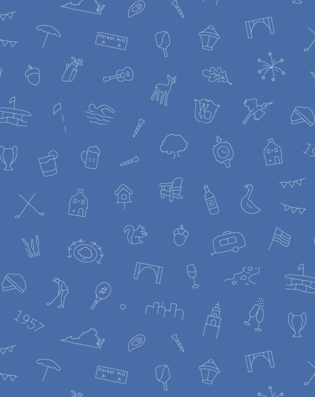 A seamless pattern design on a blue background featuring white line illustrations of various recreational and regional icons, including golf clubs, wine glasses, trees, squirrels, state outlines, birds, Adirondack chairs, guitars, and street signs. The artwork has a whimsical, community-inspired theme.