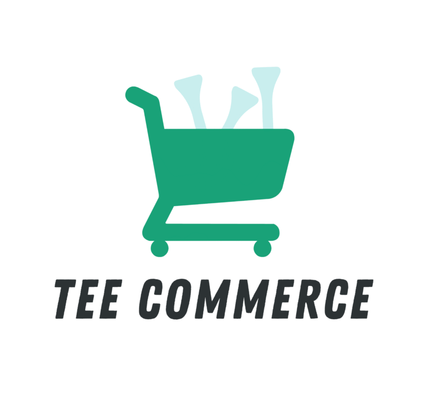 Tee Commerce logo featuring a green shopping cart filled with light blue golf clubs, positioned above the brand name “TEE COMMERCE” in bold, black, all-caps lettering.
