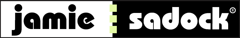 Jamie Sadock logo featuring the name “jamie” in bold, lowercase black letters on a white background, and “sadock” in bold white letters on a black background. The two sections are separated by three light green rectangular bars. A registered trademark symbol appears next to “sadock.”