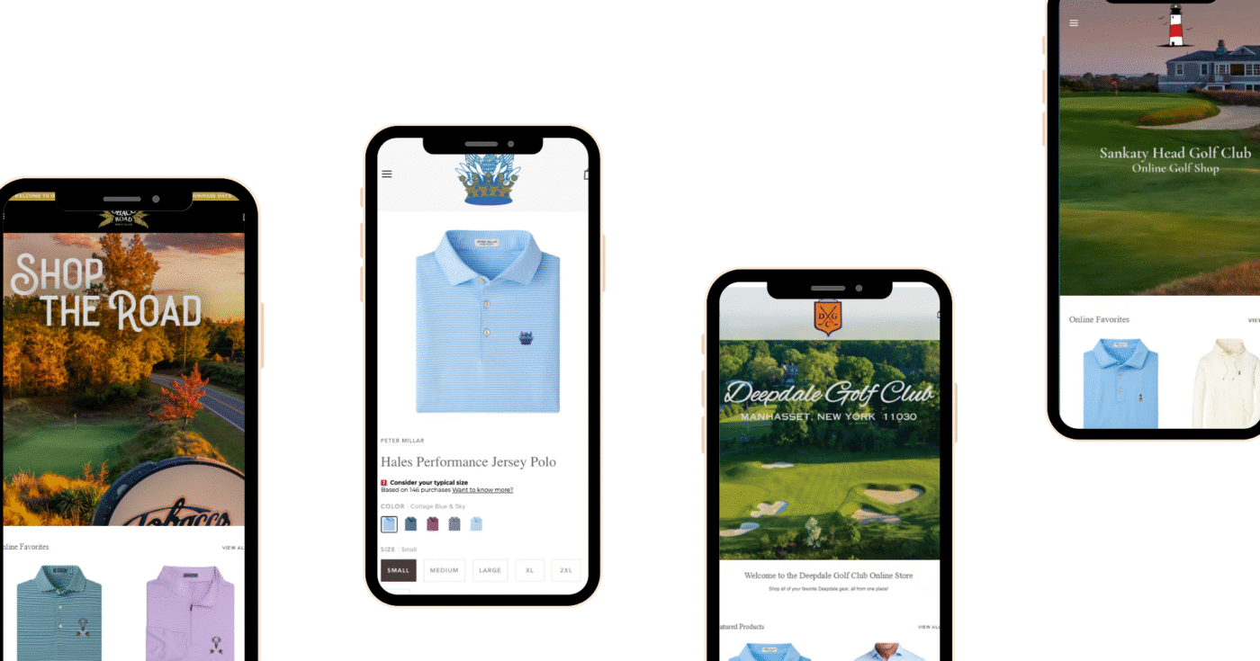 Four smartphones display different online golf shop homepages from various clubs. The screens show branded interfaces, featuring polos, club logos, and scenic course imagery. Clubs include Deepdale Golf Club, Sankaty Head Golf Club, and others with customized e-commerce layouts.