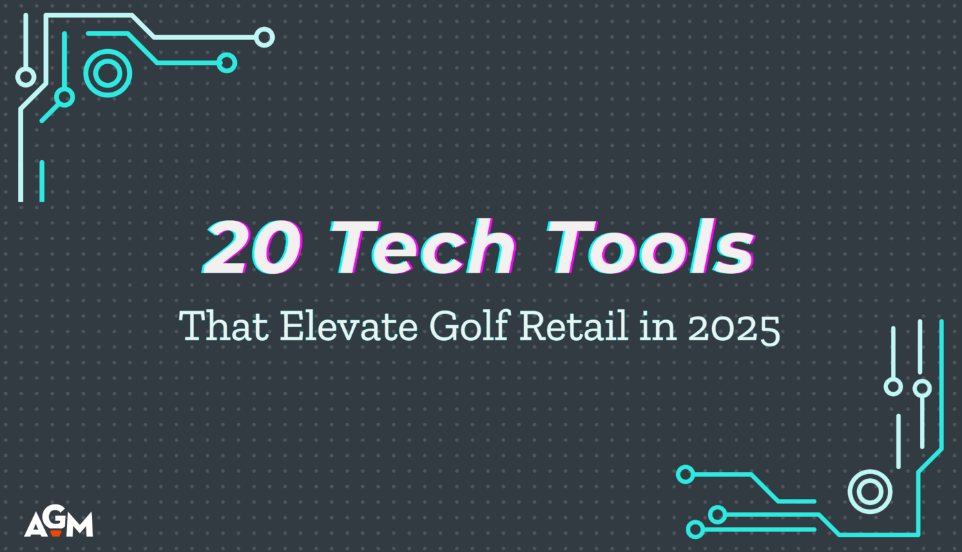A digital-themed graphic titled “20 Tech Tools That Elevate Golf Retail in 2025” features neon circuit illustrations in the corners on a dark dotted background. The words “20 Tech Tools” are bold and stylized with a glitch effect in cyan and magenta. The AGM logo appears in the bottom left corner.