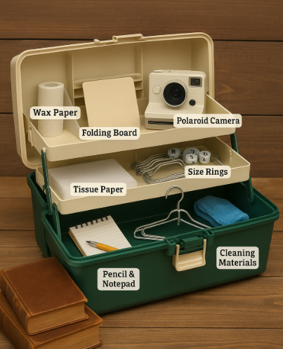 The merchandiser tacklebox: Green and beige tacklebox-style container opened to reveal neatly organized retail merchandising tools, each labeled: wax paper, folding board, Polaroid camera, size rings, tissue paper, pencil and notepad, cleaning materials, and hangers. The setup sits on a wooden surface beside stacked leather-bound notebooks.