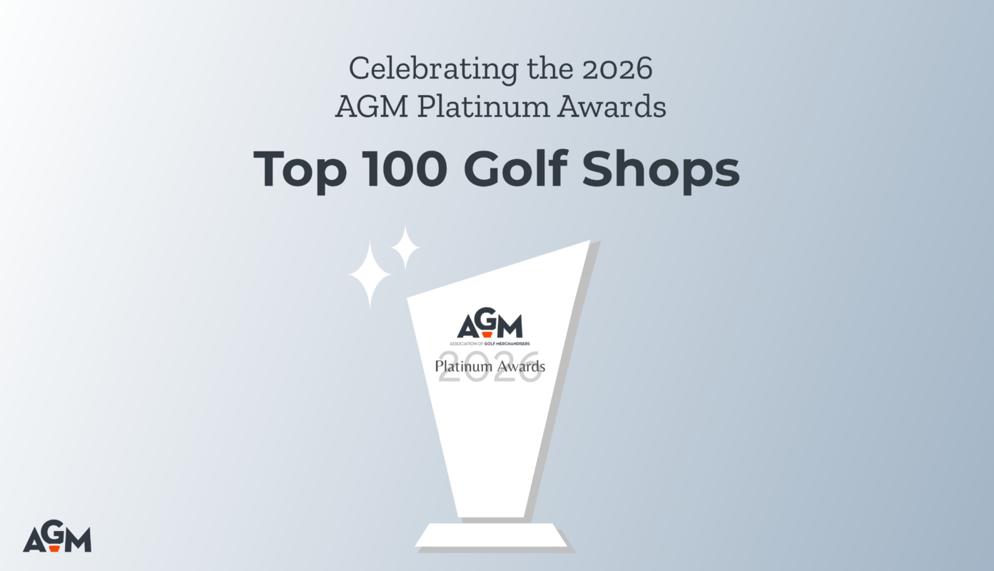 Blog cover image for the 2026 AGM Platinum Awards, featuring a stylized white trophy with the AGM logo and the words “Platinum Awards 2026” on it. Above the trophy, text reads “Celebrating the 2026 AGM Platinum Awards – Top 100 Golf Shops” on a soft gradient silver-blue background with subtle sparkles.