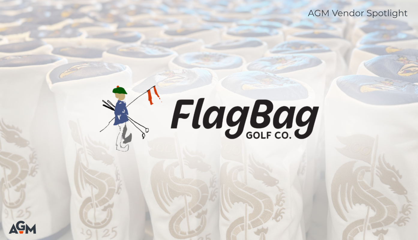 FlagBag Golf Co. logo atop a photo of custom head covers embroidered with dragons.