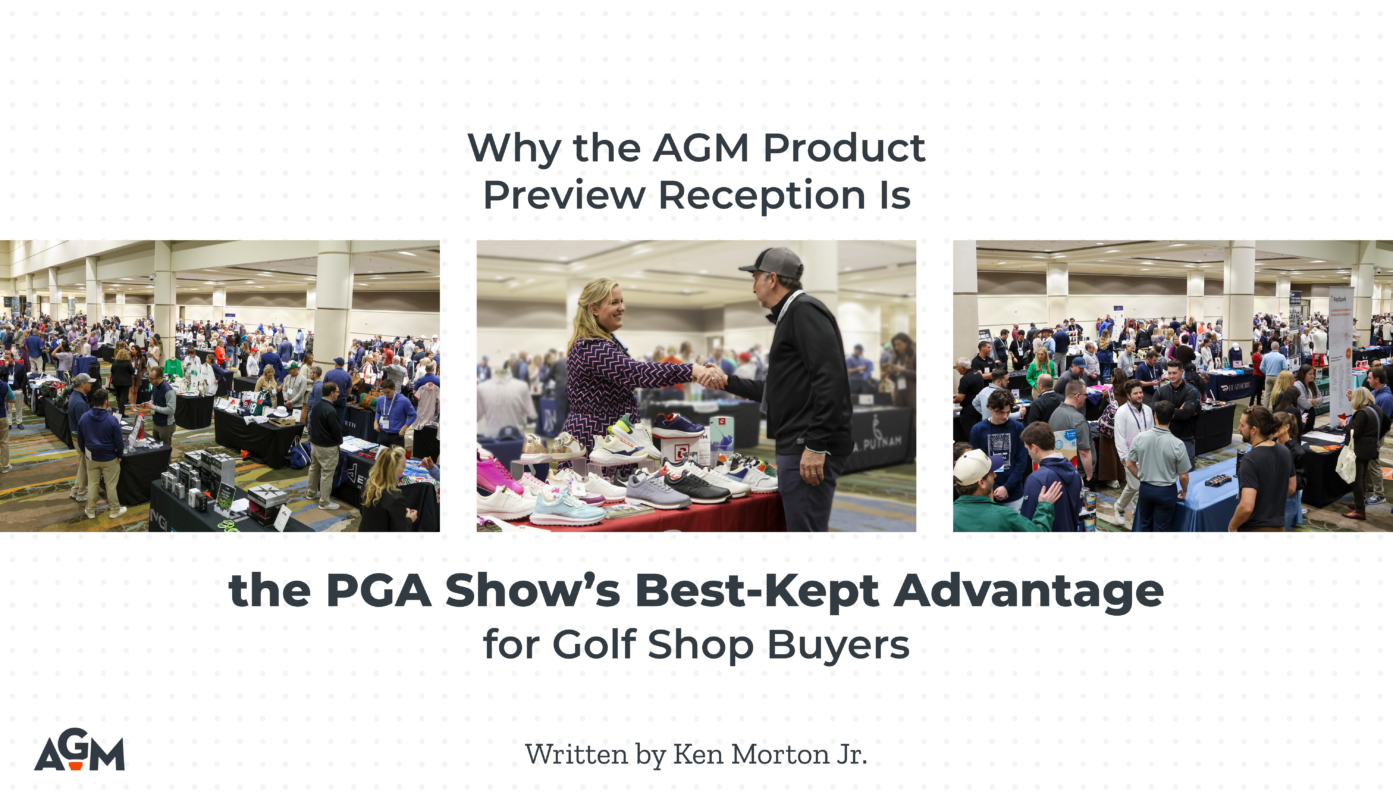 Graphic for a blog post titled "Why the AGM Retail Conference Is a 'Must-Do' Every Year for Serious Golf Shop Buyers." The design features a clean white background with bold dark gray text. The bottom third of the image includes a row of diamond-shaped cutouts displaying photos of a bustling vendor show floor filled with attendees and product displays. The AGM logo is placed in the top right corner.