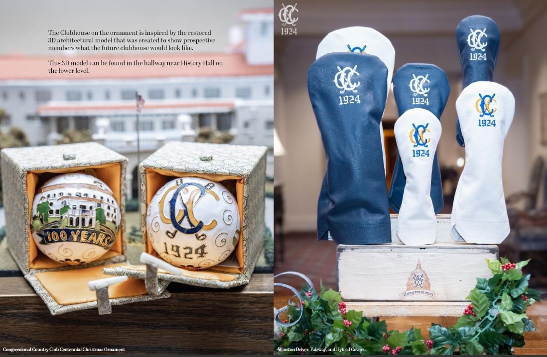 Side-by-side display featuring centennial merchandise: on the left, two decorative “100 Years” Christmas ornaments in patterned boxes with a clubhouse illustration and “1924” detailing; on the right, a set of navy and white golf headcovers embroidered with a club monogram and “1924,” arranged on a wooden crate with holiday greenery.