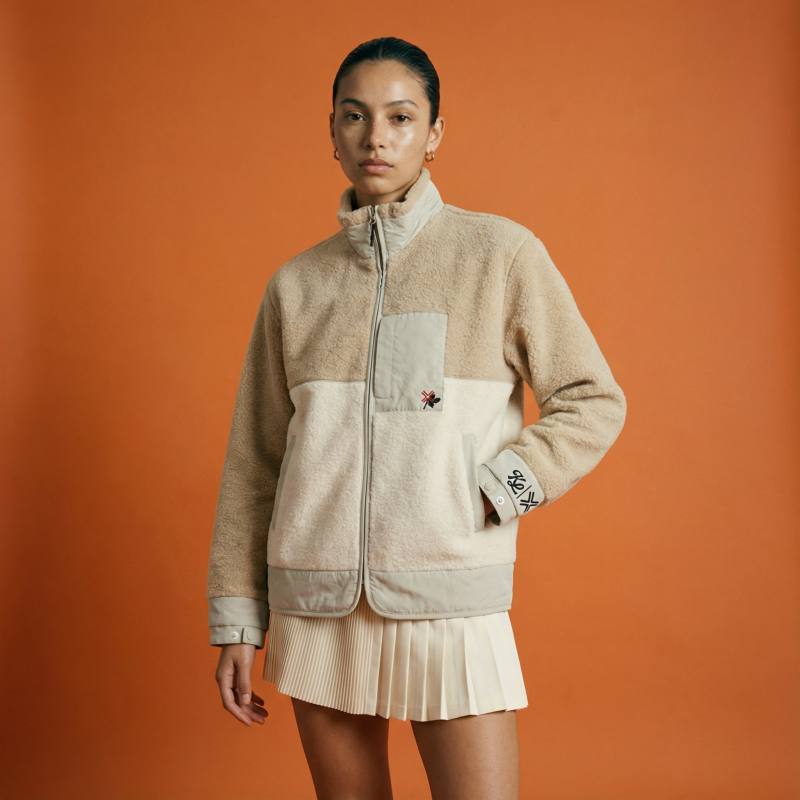 Female model wearing a beige sherpa zip-up golf jacket with contrast panels and logo detailing, paired with a cream pleated skirt, standing against an orange studio backdrop.