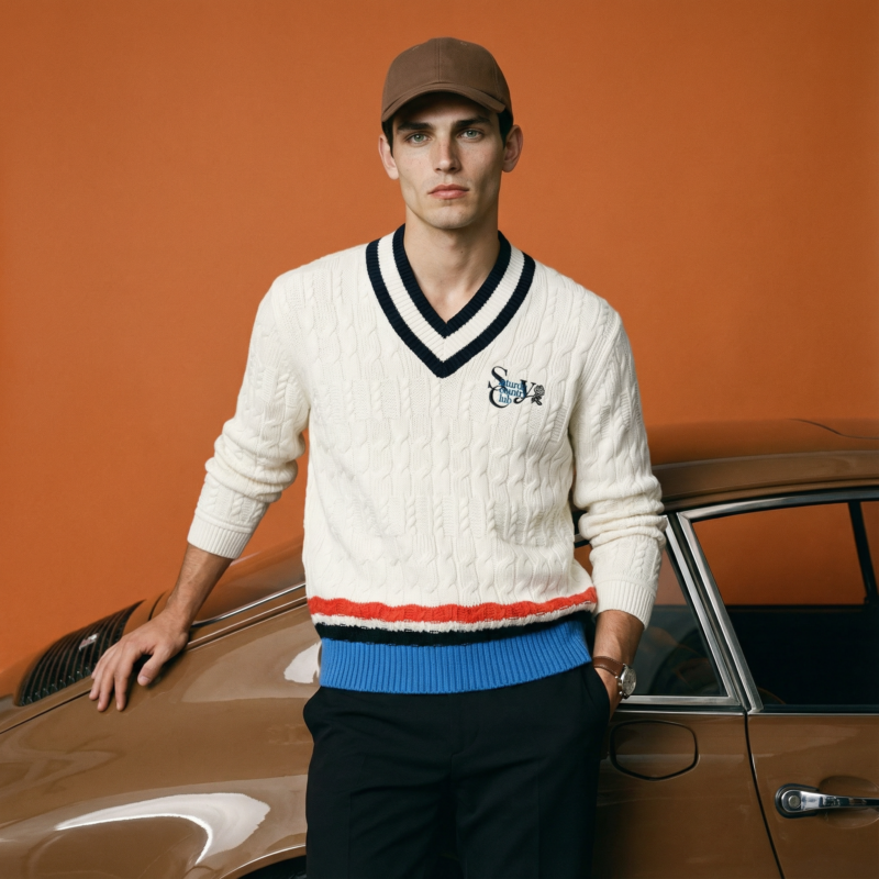 Man wearing a cream cable-knit V-neck sweater with navy and red stripe trim, layered over a blue shirt and paired with black pants and a brown cap, leaning against a vintage tan car in front of a solid orange background.