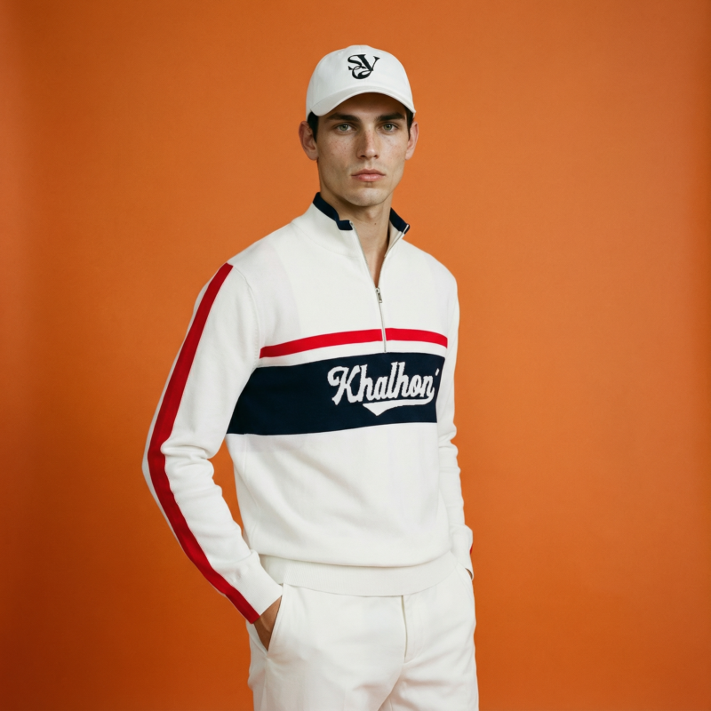 Male model wearing a white quarter-zip golf sweater with red and navy stripes and Khalhon logo, paired with white golf pants and a white cap, standing against an orange studio backdrop.