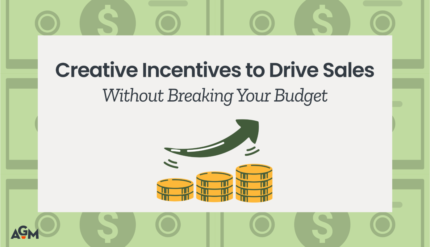 A promotional graphic titled "Creative Incentives to Drive Sales Without Breaking Your Budget." The center features an illustration of three stacks of gold coins of increasing height with a green arrow curving upward above them. The background consists of a light green repeating pattern of dollar bill icons, and a small "AGM" logo is located in the bottom left corner.