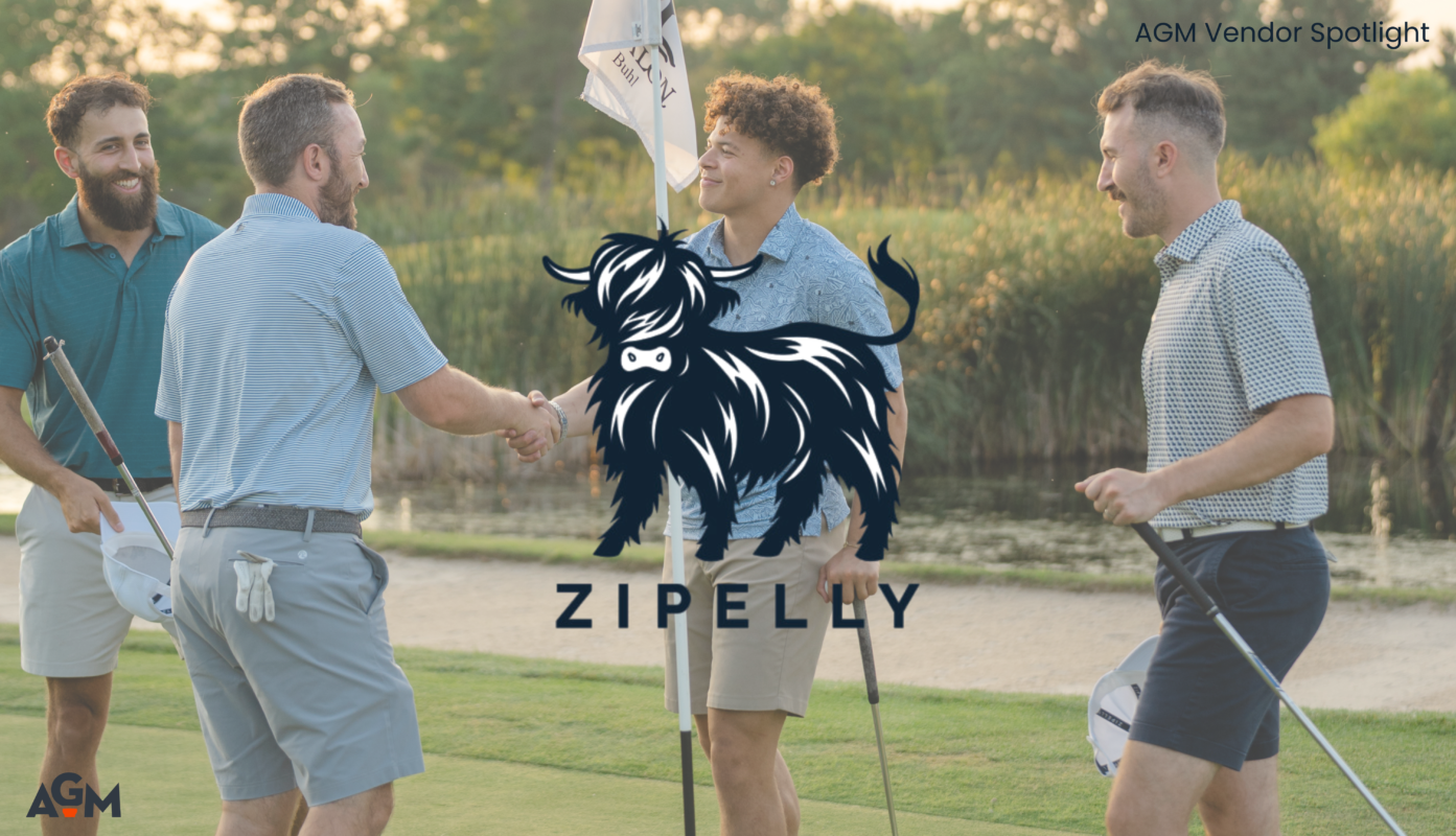 Four men on a golf course are shown shaking hands and smiling near a flagstick in an "AGM Vendor Spotlight" graphic for Zipelly. The men are wearing various performance golf polos and shorts in shades of blue, grey, and patterned white. A large, stylized black and white highland cow logo for Zipelly is centered in the foreground over the group, with the brand name "ZIPELLY" printed below it.
