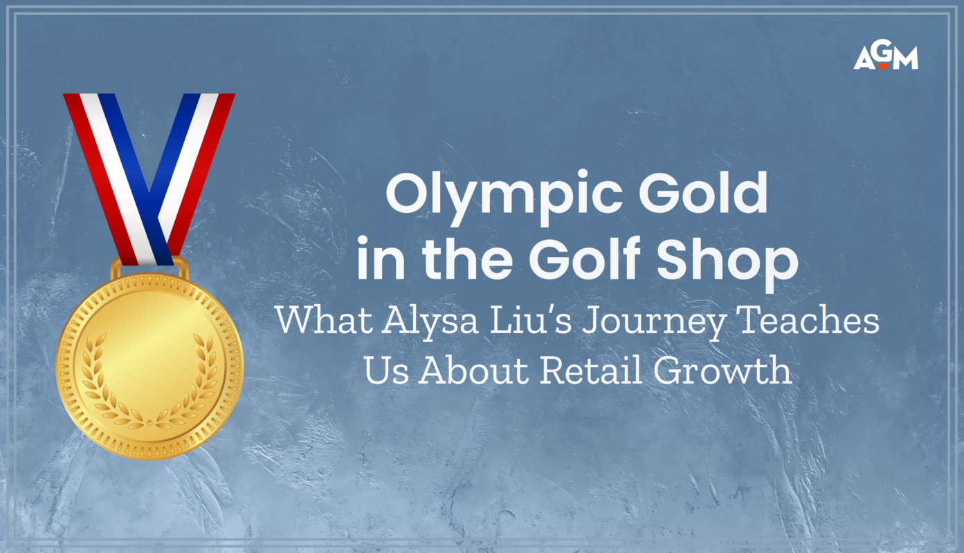 Graphic featuring a gold medal with a red, white, and blue ribbon beside the text “Olympic Gold in the Golf Shop: What Alysa Liu’s Journey Teaches Us About Retail Growth,” on a textured blue background with the AGM logo in the corner.