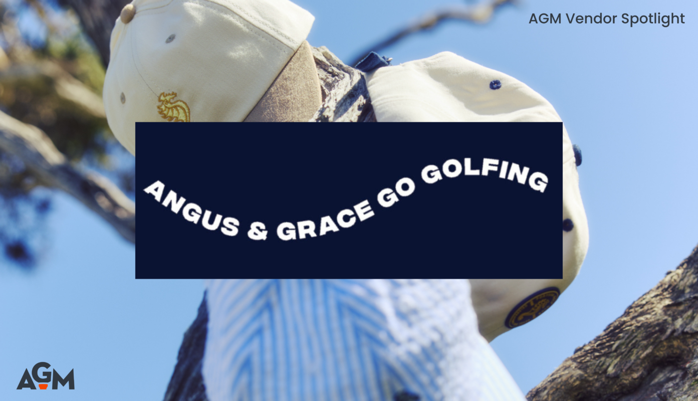 AGM Vendor Spotlight graphic featuring Angus & Grace Go Golfing logo over a background image of golf caps resting on tree branches outdoors.