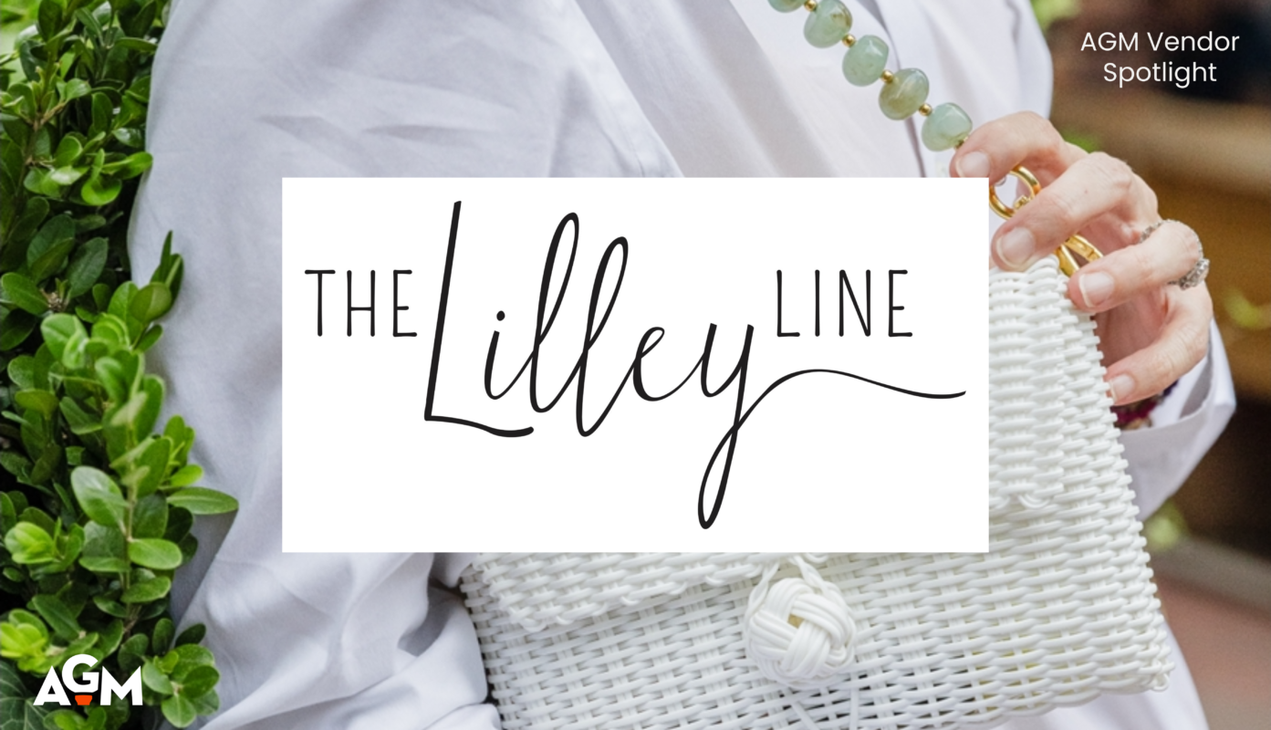 Graphic featuring “The Lilley Line” logo over a close-up of a white woven handbag with a green beaded strap, labeled as an AGM Vendor Spotlight