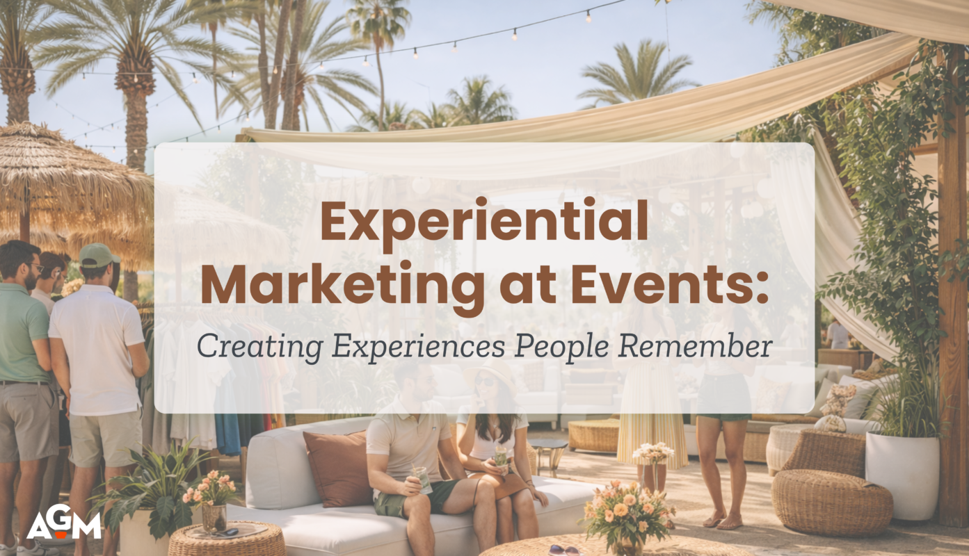 Outdoor experiential marketing activation styled as a lounge with woven furniture, draped fabric, and palm trees. People relax, shop apparel, and socialize. Overlay text reads “Experiential Marketing at Events: Creating Experiences People Remember” with AGM logo in corner.