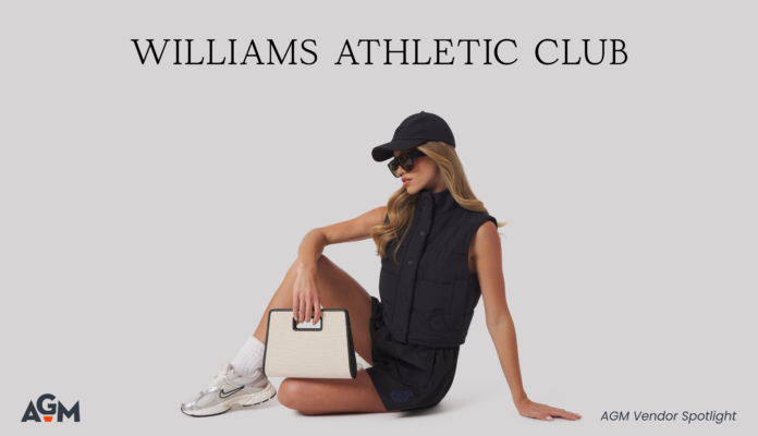 Graphic reading “Williams Athletic Club” above a seated female model in a black vest and cap holding a structured handbag; “AGM Vendor Spotlight” and AGM logo appear below.