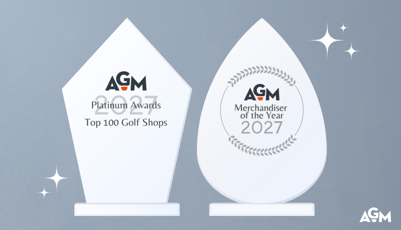 Graphic featuring two stylized AGM award trophies on a soft silver-blue textured background with white sparkle accents. The left geometric trophy reads “AGM Platinum Awards 2027 Top 100 Golf Shops,” while the right teardrop-shaped trophy reads “AGM Merchandiser of the Year 2027” inside a laurel wreath design. AGM logo appears in the bottom right corner.