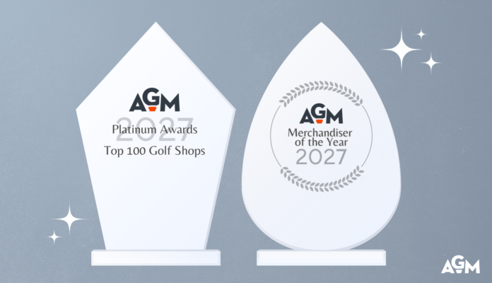 Graphic featuring two stylized AGM award trophies on a soft silver-blue textured background with white sparkle accents. The left geometric trophy reads “AGM Platinum Awards 2027 Top 100 Golf Shops,” while the right teardrop-shaped trophy reads “AGM Merchandiser of the Year 2027” inside a laurel wreath design. AGM logo appears in the bottom right corner.