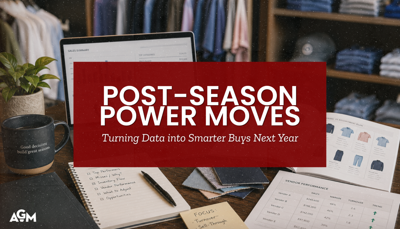 Blog cover graphic for an AGM article titled “Post-Season Power Moves: Turning Data into Smarter Buys Next Year.” The background shows a thoughtfully styled retail merchandising workspace with folded apparel, hanging golf clothing, a laptop displaying sales analytics, assortment planning books, fabric swatches, vendor performance reports, and handwritten post-season review notes on a wooden table. A large red overlay box centered on the image contains the article title in bold white lettering, with the AGM logo in the lower-left corner.