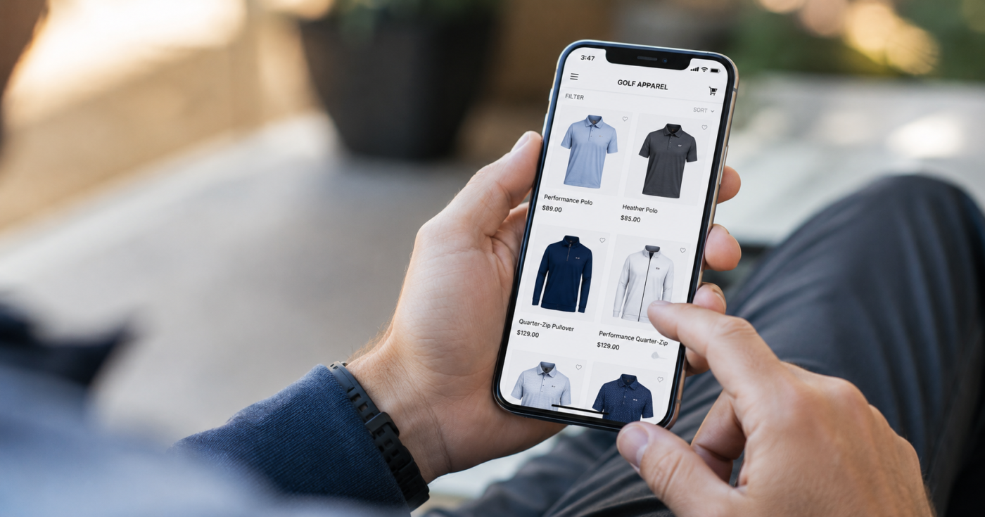 Close-up photo of a man browsing golf apparel on a smartphone while relaxing in a casual setting. The phone screen displays an online golf clothing storefront with polos and quarter-zips, while the softly blurred background creates a warm, lifestyle-focused atmosphere.