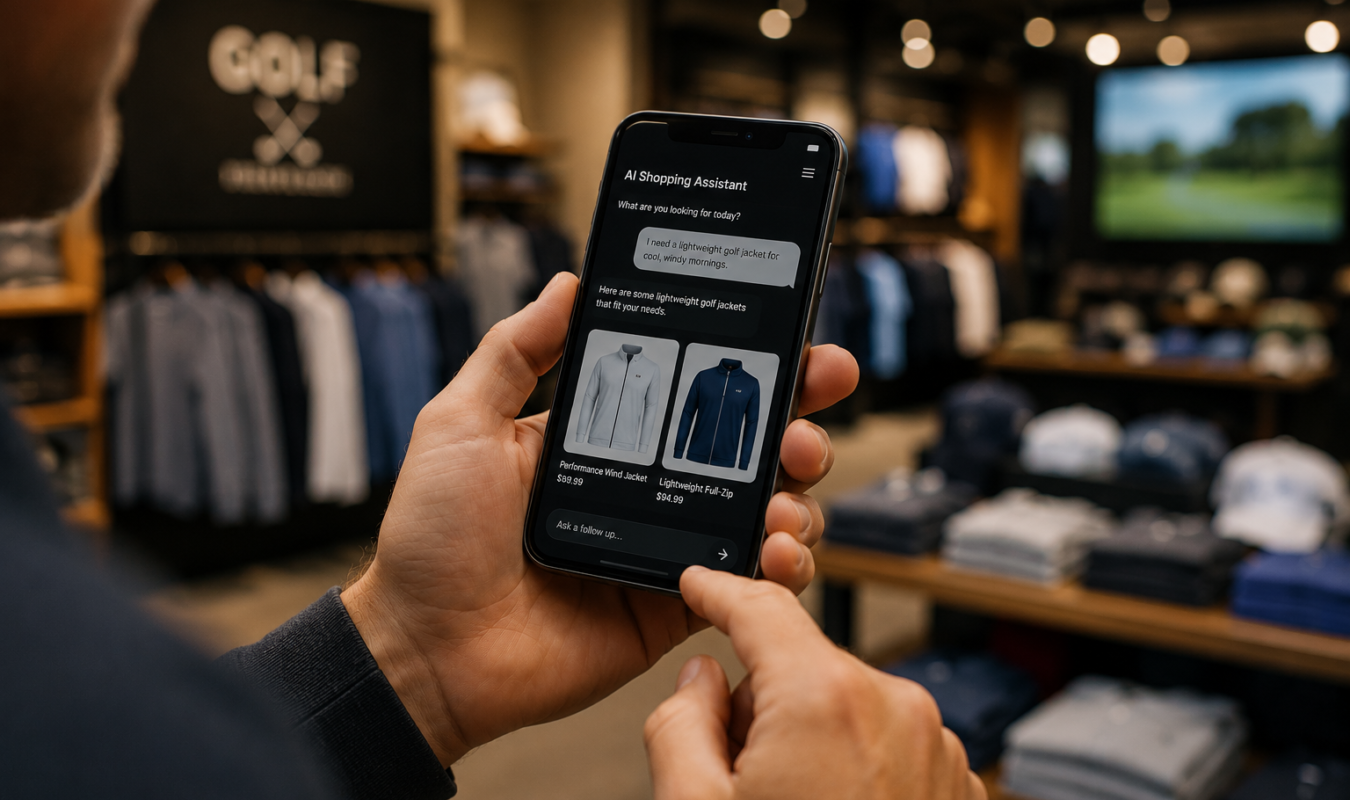 Close-up photo of a person using an AI shopping assistant on a smartphone inside a modern golf apparel store. The screen displays personalized golf apparel recommendations while softly blurred clothing racks and merchandise create a premium retail atmosphere in the background.