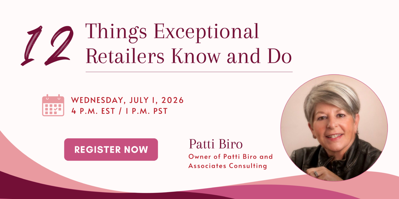 AGM webinar graphic promoting "12 Things Exceptional Retailers Know and Do," featuring speaker Patti Biro, the event date and time, and a "Register Now" call to action.