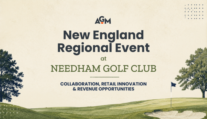 AGM blog graphic featuring an illustrated golf course landscape with the title “New England Regional Event at Needham Golf Club” and subtitle “Collaboration, Retail Innovation & Revenue Opportunities.” AGM logo centered above the headline, with trees, fairway, flagstick, and bunker illustrations framing the design.