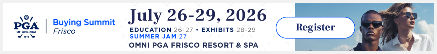Advertisement for the PGA of America Buying Summit Frisco, July 26–29, 2026, at Omni PGA Frisco Resort & Spa, with education July 26–27, exhibits July 28–29, and a register button.