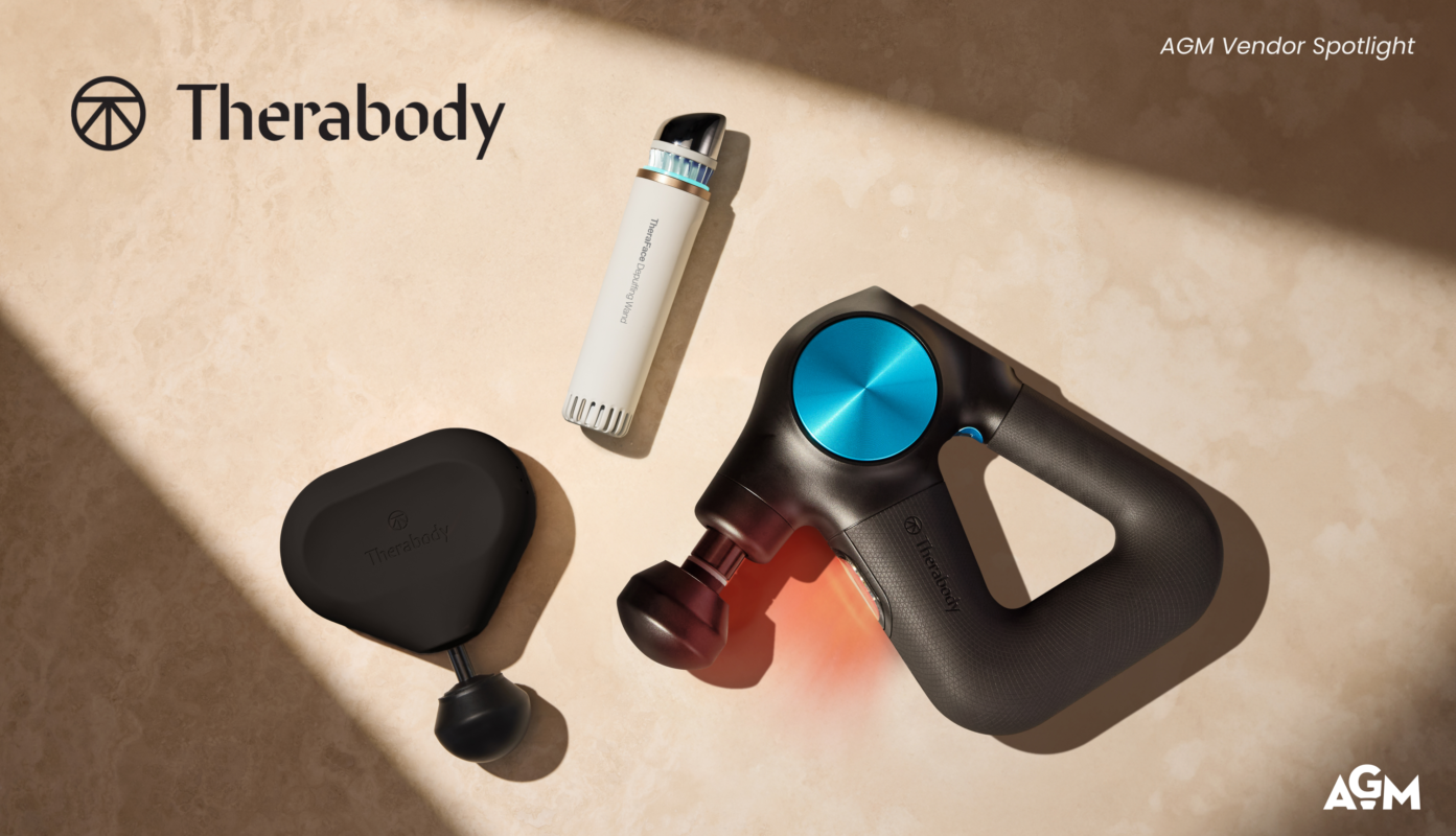 Promotional graphic for an AGM Vendor Spotlight featuring Therabody wellness and recovery products. The image showcases a handheld percussion massage device, a portable recovery tool, and a skincare device arranged on a neutral background, with Therabody branding prominently displayed and the AGM logo in the corner.
