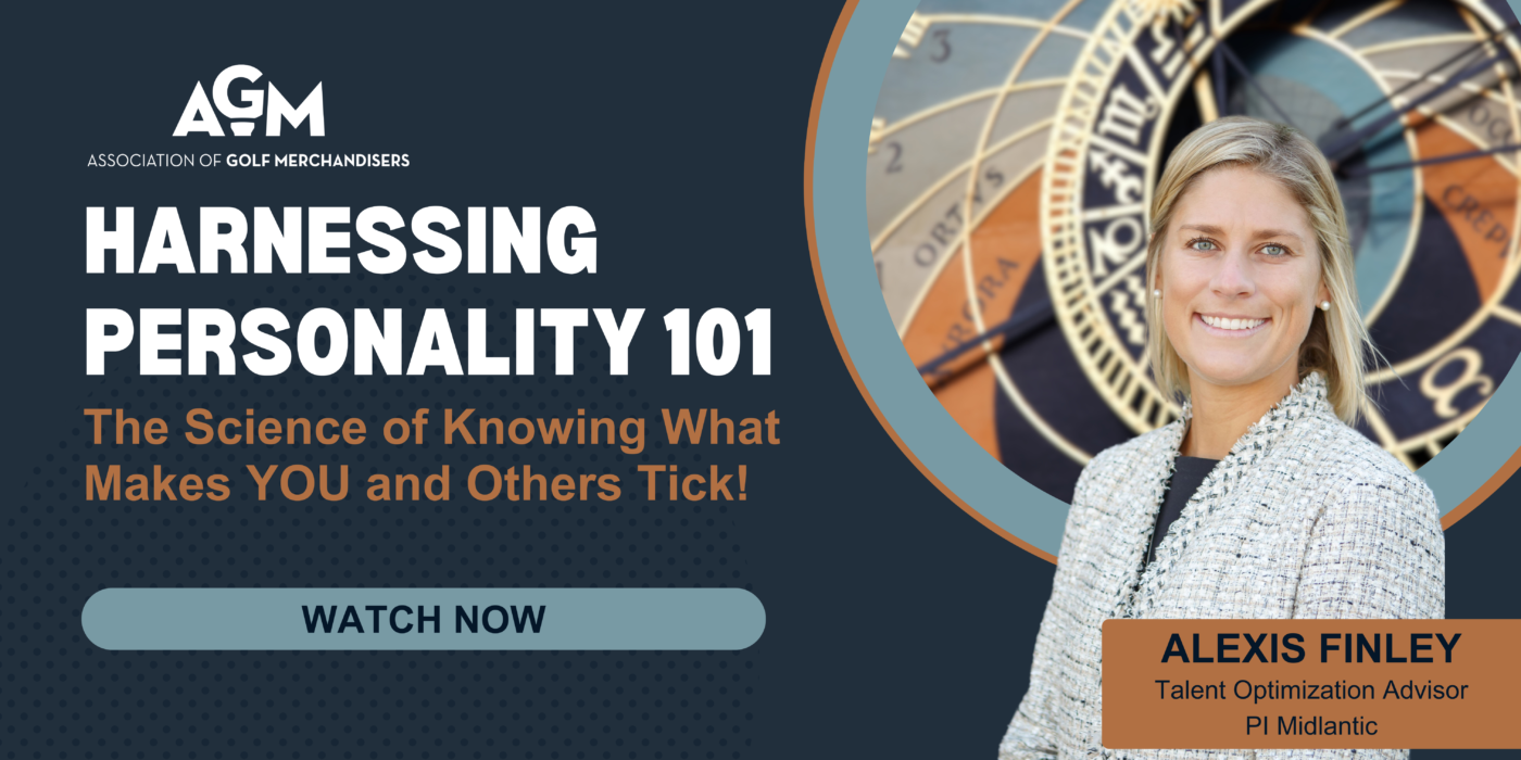 AGM webinar graphic for "Harnessing Personality 101," featuring speaker Alexis Finley and a "Watch Now" call to action.