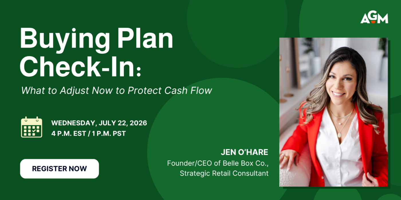 AGM webinar graphic for "Buying Plan Check-In: What to Adjust Now to Protect Cash Flow" featuring Jen O'Hare, founder/CEO of Belle Box Co. and strategic retail consultant, with webinar date, time, and a "Register Now" button.