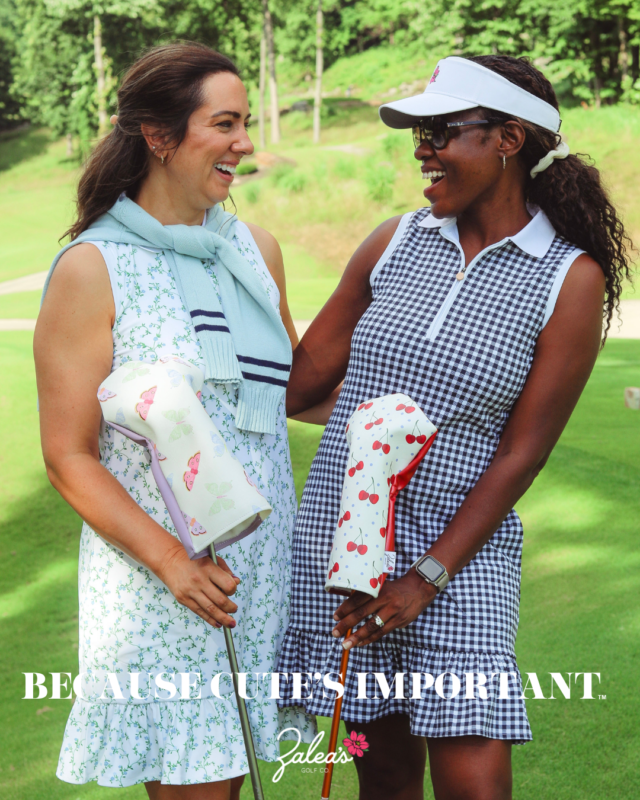 Two women golfers holding patterned golf headcovers with the words "Because Cute's Important."