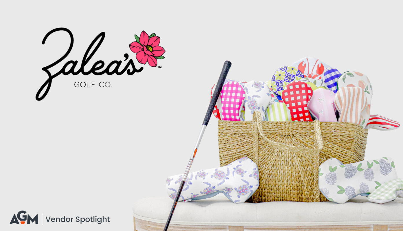 AGM Vendor Spotlight featuring Zalea's Golf Co. logo alongside a display of colorful patterned golf headcovers in a woven tote.