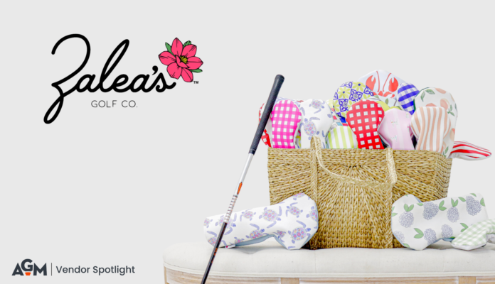 AGM Vendor Spotlight featuring Zalea's Golf Co. logo alongside a display of colorful patterned golf headcovers in a woven tote.
