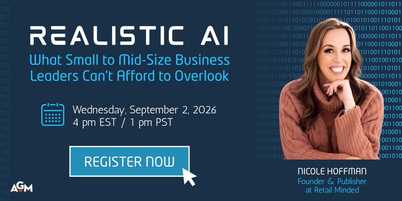 Promotional graphic for “Realistic AI: What Small to Mid-Size Business Leaders Can’t Afford to Overlook,” featuring Nicole Hoffman and webinar registration details.