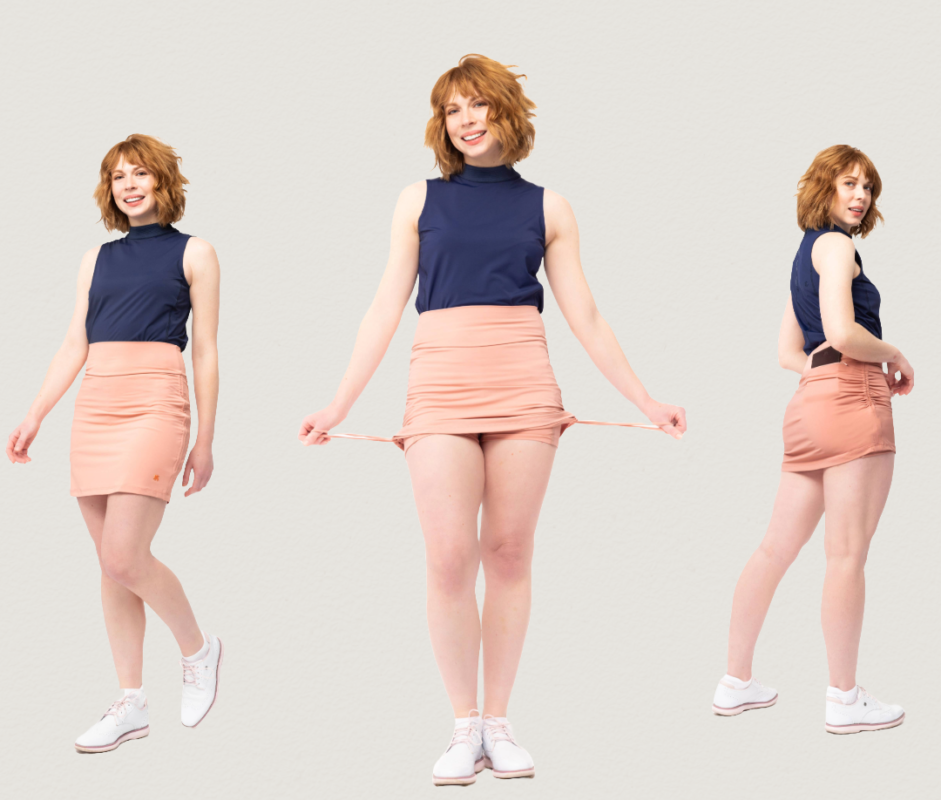 Studio composite image demonstrating the adjustable length feature of a women's golf skort. The same model is shown in three poses wearing a navy sleeveless mock-neck golf top, blush pink golf skort, and white golf shoes against a clean white background. In the center image, she gently pulls the adjustable side drawstrings to customize the skort length, revealing how the ruching changes the fit. The left and right images show the skort at different adjusted lengths from the front and back, highlighting the garment's versatile styling options and functional design for women's golf apparel.