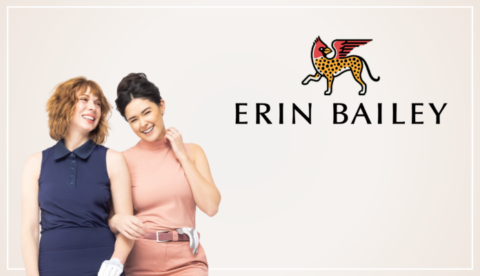 Promotional brand graphic for ERIN BAILEY women's golf apparel. Two smiling women stand together against a light neutral background wearing coordinated golf outfits. One model wears a sleeveless navy golf dress with a collared neckline and a white golf glove, while the other wears a sleeveless blush mock-neck golf top with a matching skirt, belt, and golf glove tucked into her waistband. On the right side of the image, the ERIN BAILEY name appears beneath the brand's winged leopard logo. The image conveys a modern, approachable women's golf apparel brand focused on stylish, functional performance clothing.